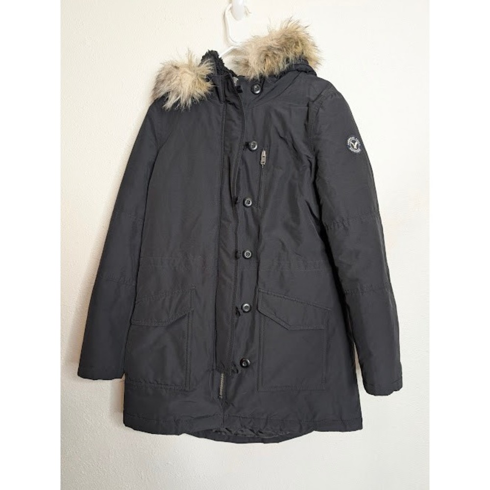 American Eagle Women's Size Medium Puffer Coat Jacket Faux Fur Hood Black 2000s